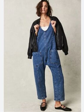 We The Free People High Roller Jumpsuit Denim Harem Overalls Dark Wash Size XL